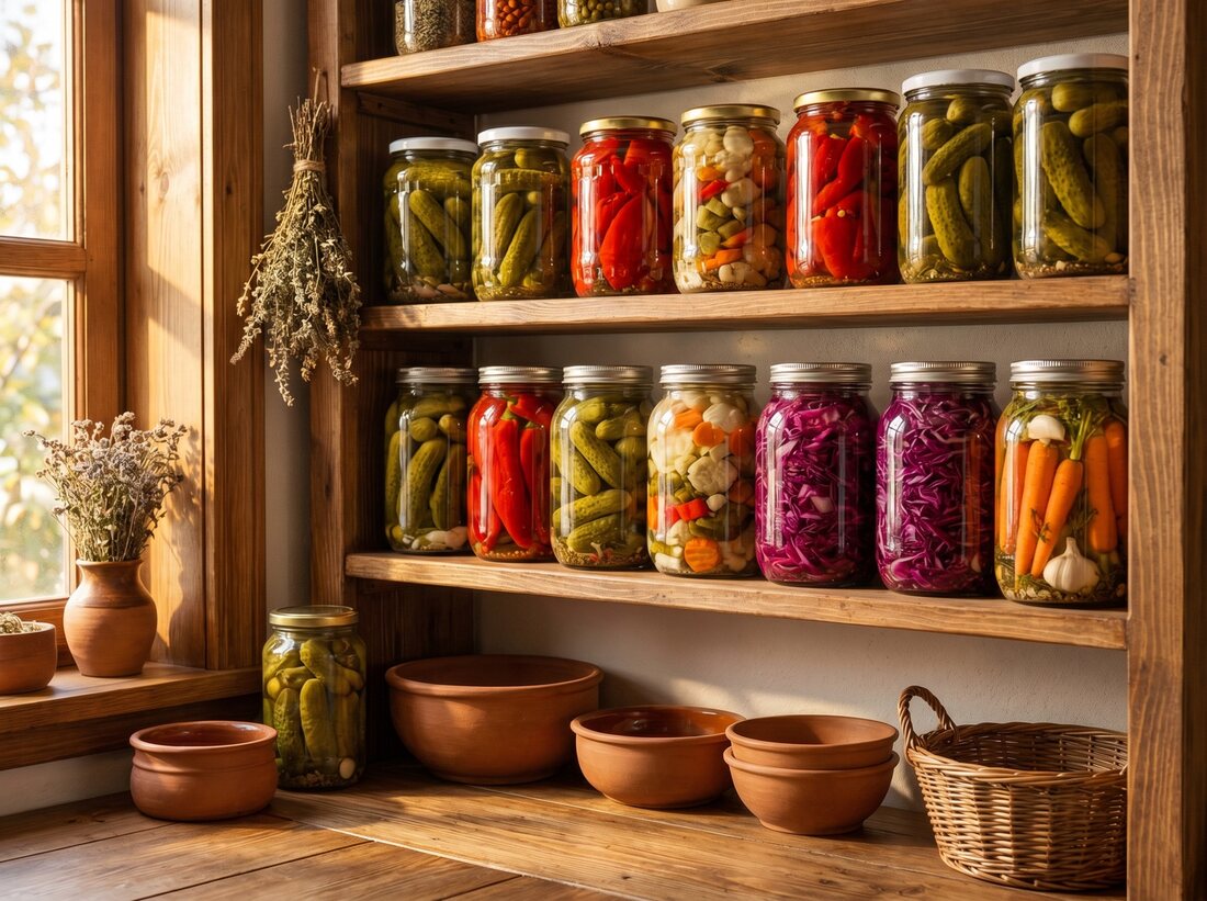 Raflarda bekleyen kavanozlarda salatalık, biber, lahana ve havuç turşularımız