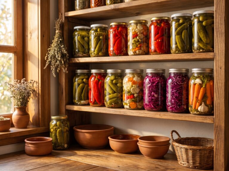 Raflarda dizili turşu kavanozları